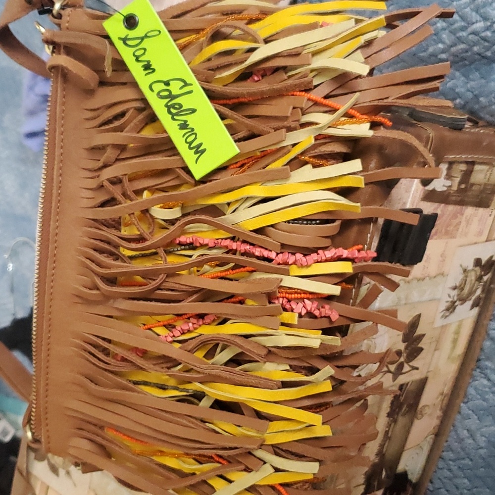 Sam Edelmann Brown Cognac Fringe Color Purse handbag Jute with Leather unique
